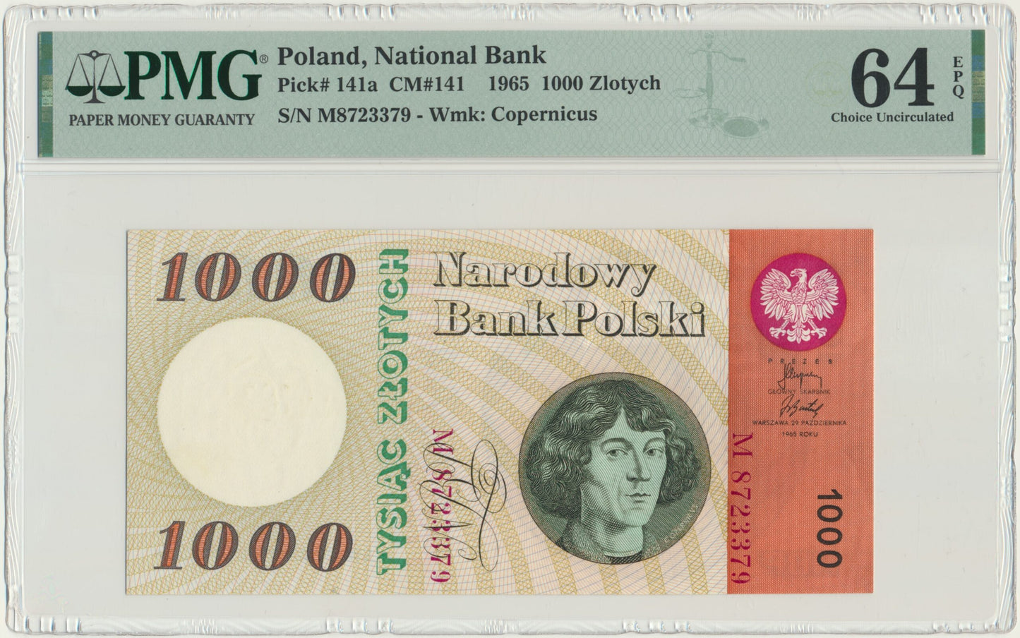 1.000 złotych 1965 – M – PMG 64 EPQ – rzadka seria z rzeczywistego obiegu