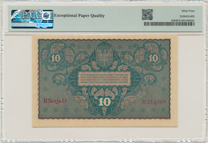 Banknot 10 marek 1919 – II Serja O – PMG 64 EPQ – rzadka seria jednoliterowa