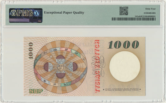 1.000 złotych 1965 – M – PMG 64 EPQ – rzadka seria z rzeczywistego obiegu