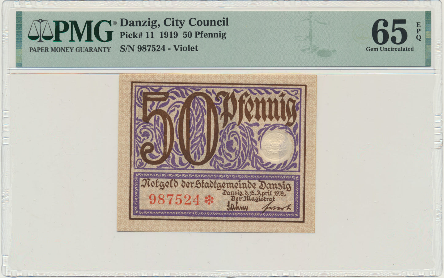 Gdańsk, Banknot 50 fenigów 1919 – fioletowy – PMG 65 EPQ