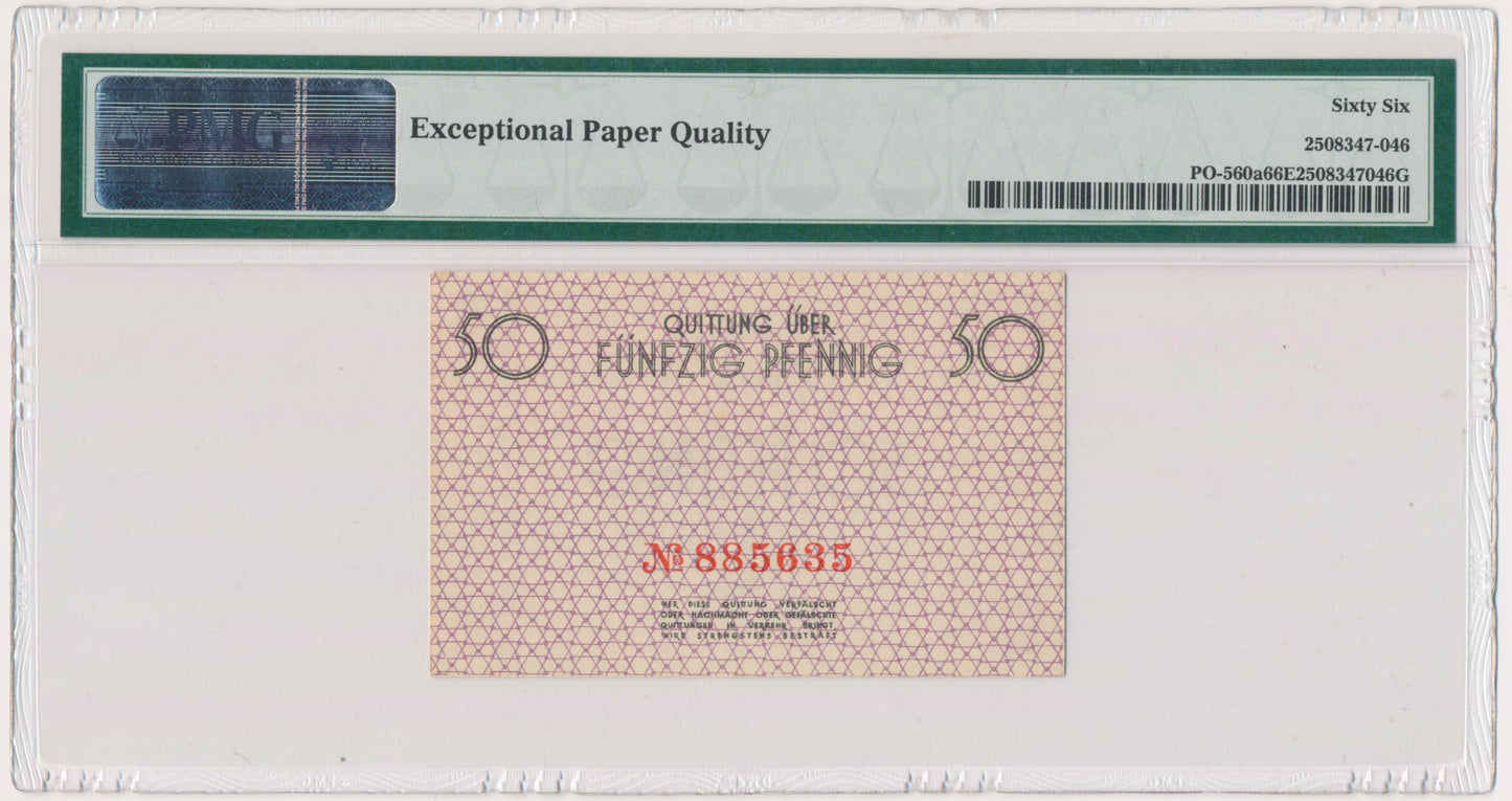 Banknot 50 fenigów 1940 – numerator czerwony – PMG 66 EPQ